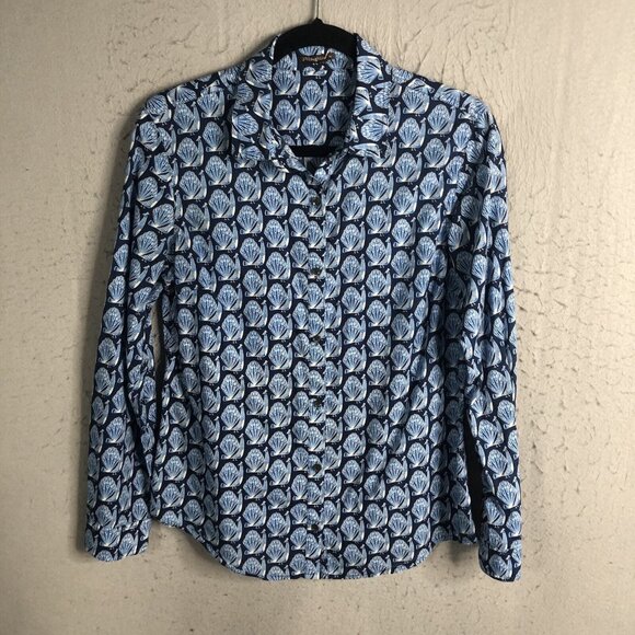 J Mclaughlin Top Womens Medium Blue Peacocks Print All Over Classic Cotton - Picture 1 of 15